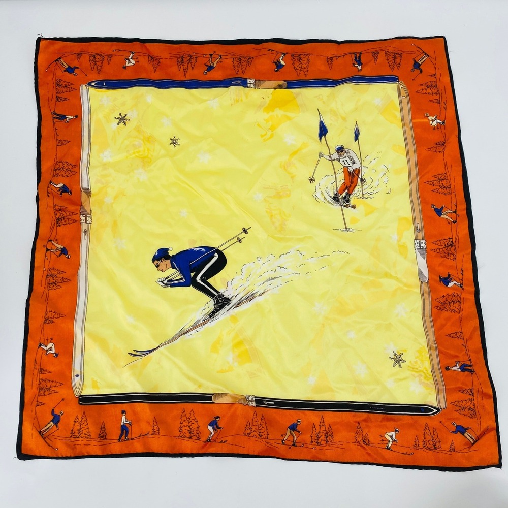 Vintage Scarf Women OS Yellow Orange Ski Scene Graphic Print